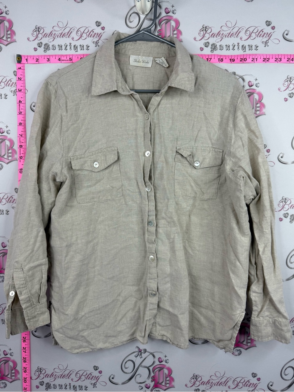 Studio Works linen shirt blouse button up Beige Long Sleeve seashell 🐚 buttons
